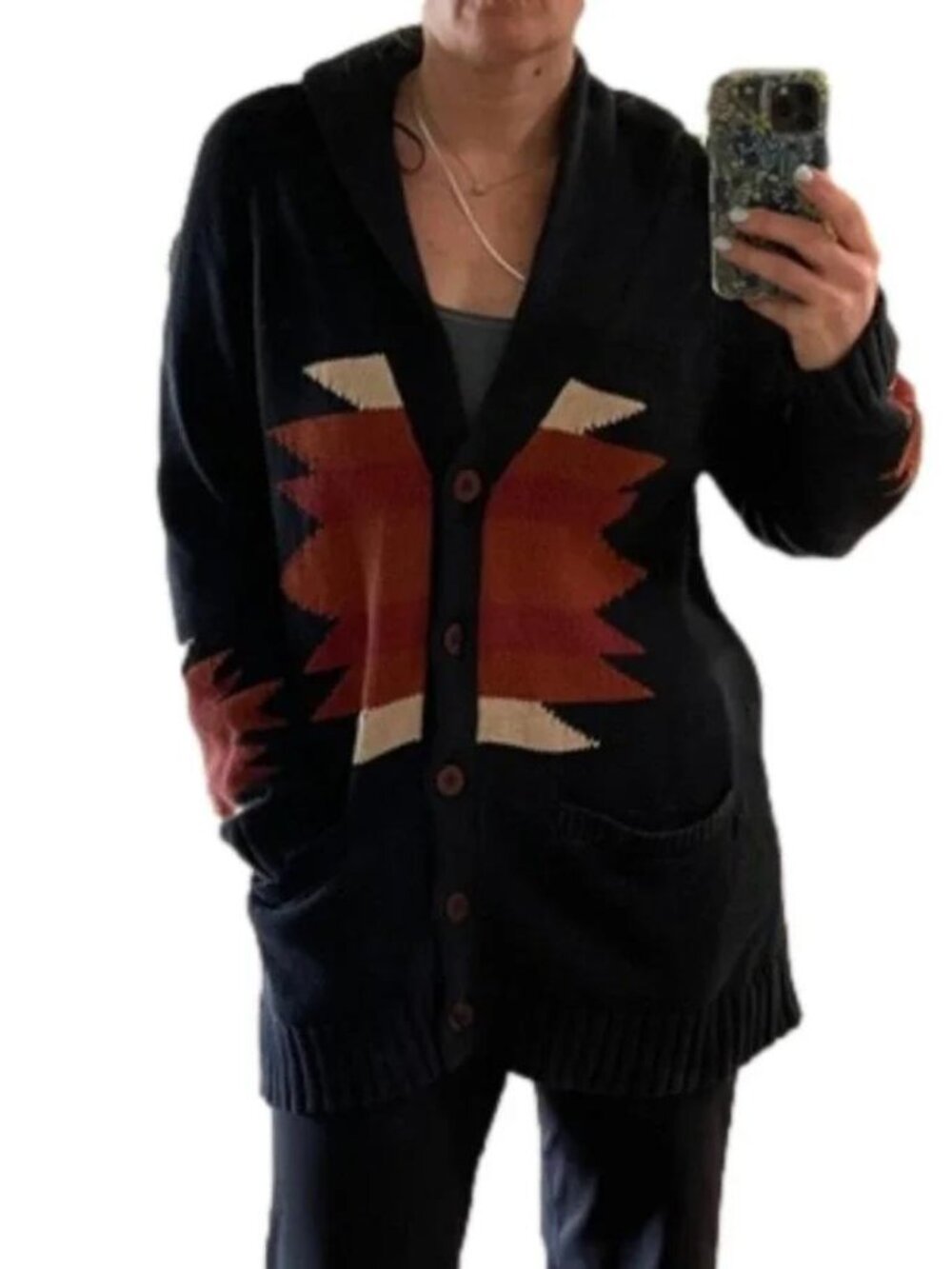 ASIRI PERU Southwest Shawl Collar Long Cardigan Cotton Black Size XL